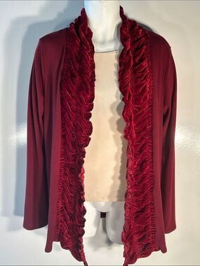 Etoile SZ XL Burgundy Open-Front Cardigan Velvet Trim Dressy Whimsigoth Boho